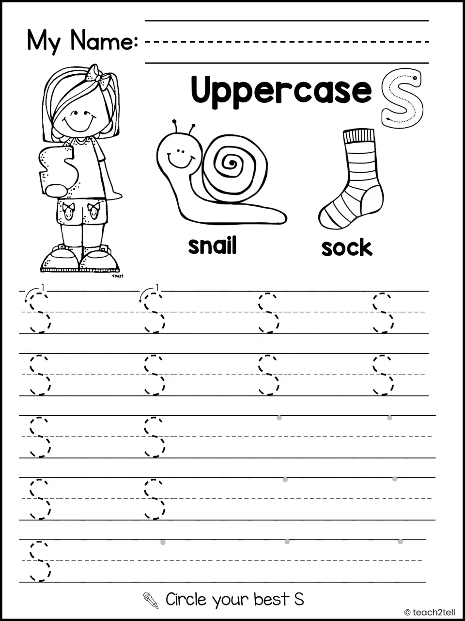 Uppercase S handwriting: students trace rows of dashed capital S, write their own, circle the best; snail and sock shown