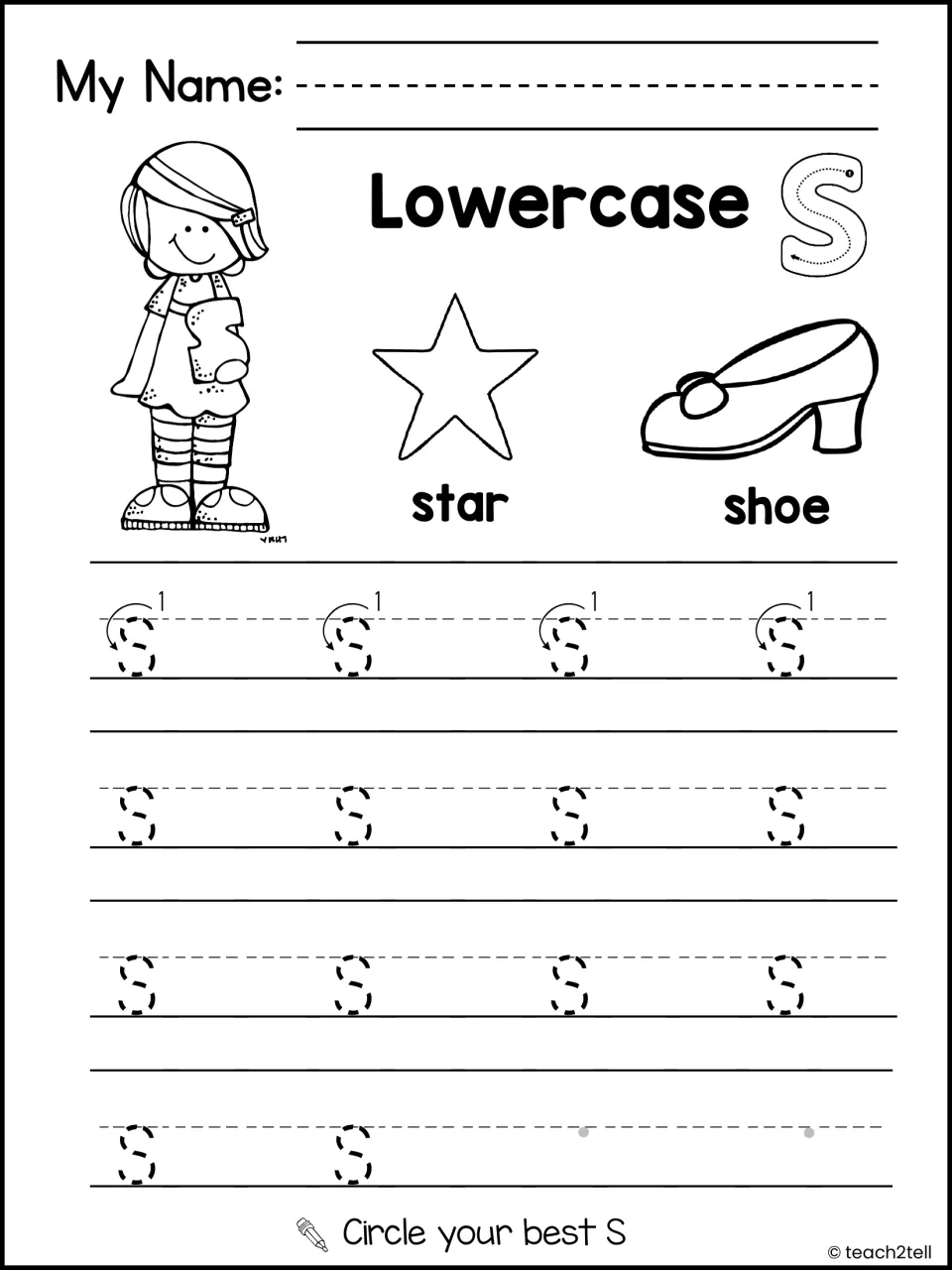 Lowercase s handwriting: students trace rows of dashed small s, then write freehand, circle the best; star and shoe shown