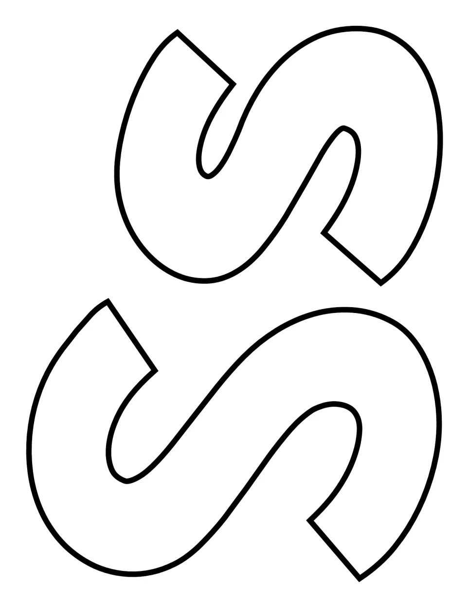 Sideways italic S shapes: two slanted letter S outlines in small and large sizes, printed on their sides for cutting out