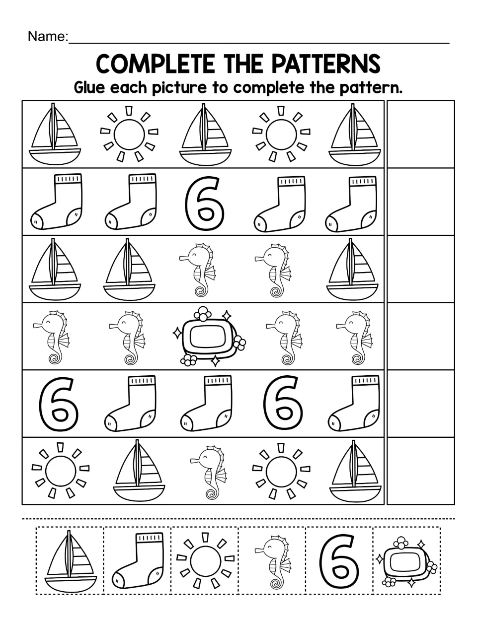 Complete the patterns: students cut out sailboat, sun, sock, six, seahorse and soap pictures and glue one to end each row