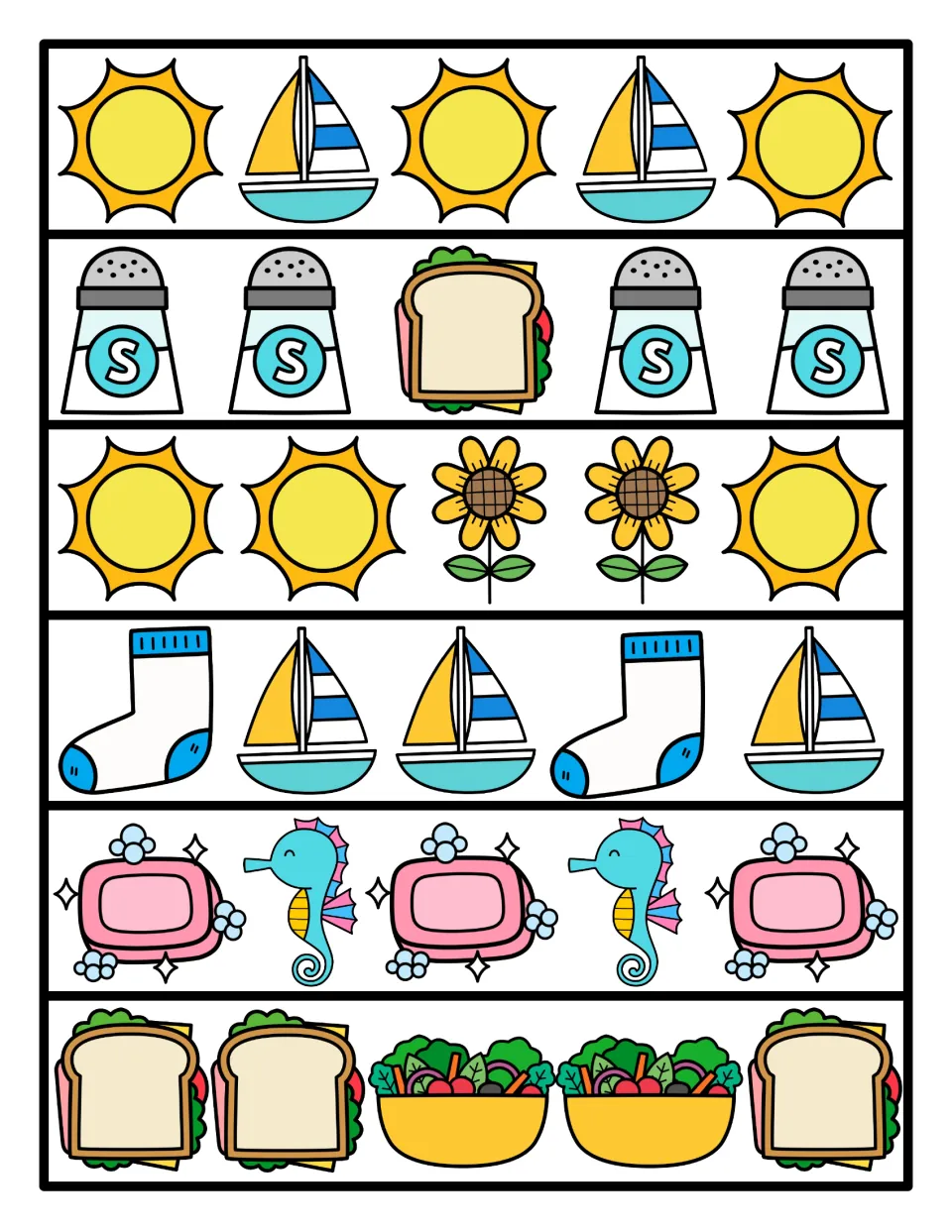 Color pattern strips: six rows of sun, sailboat, salt, sandwich, sunflower, sock, soap, seahorse and salad patterns