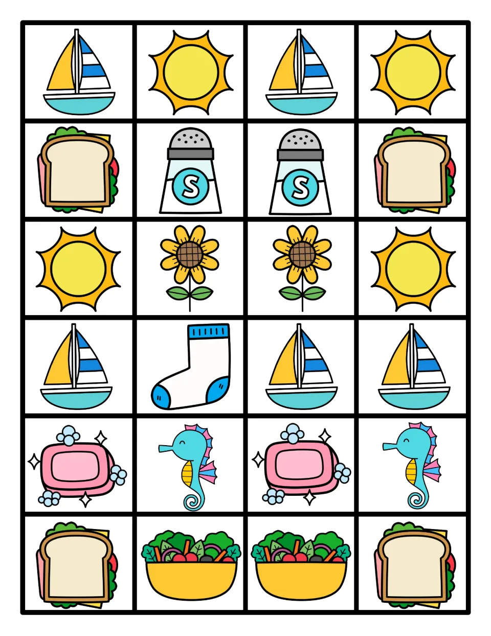 S picture cards to cut out: 24 cards of sailboats, suns, salt, sandwiches, sunflowers, socks, soap, seahorses and salads