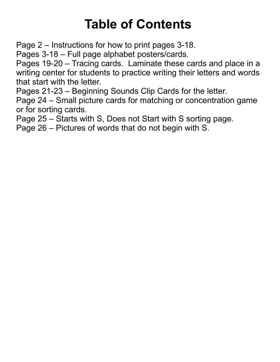 Table of contents for the letter S resource, listing posters, tracing cards, clip cards, and sorting pages