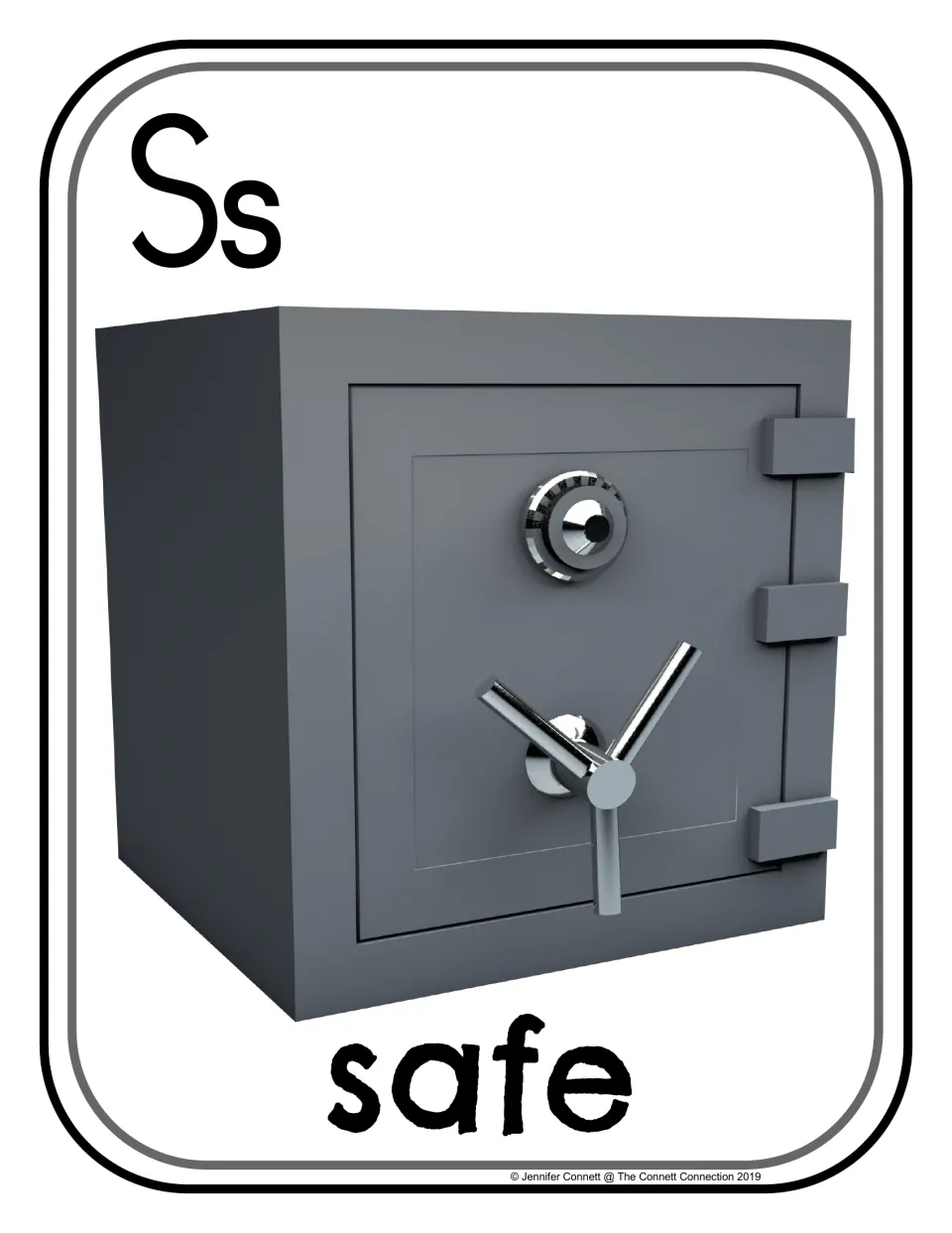 Letter S photo poster/card showing uppercase S, lowercase s, and a safe labeled 'safe' for phonics practice