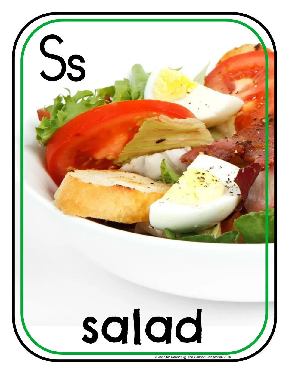 Letter S photo poster/card showing uppercase S, lowercase s, and a salad labeled 'salad' for phonics practice