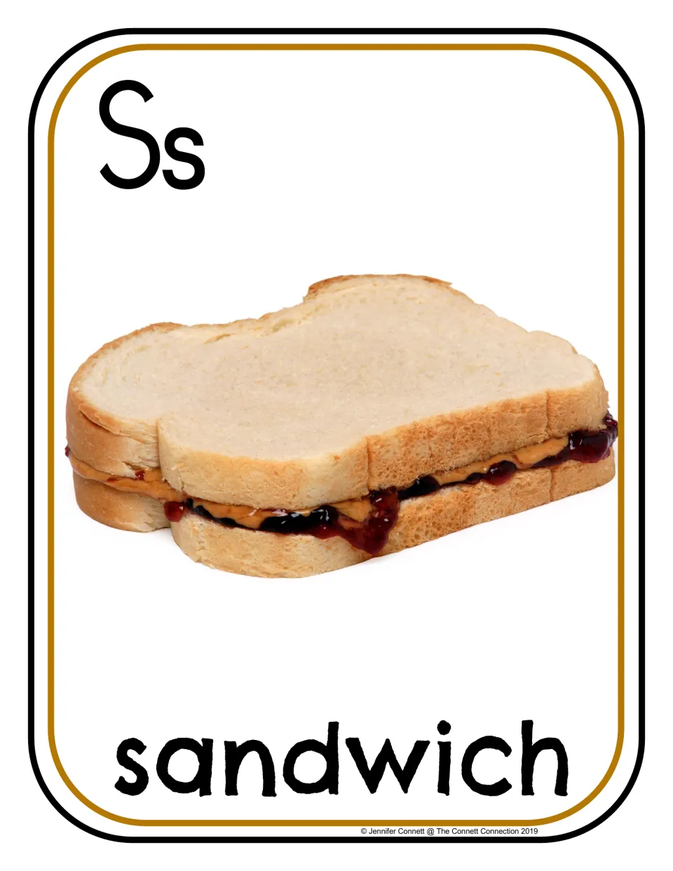 Letter S photo poster/card showing uppercase S, lowercase s, and a sandwich labeled 'sandwich'