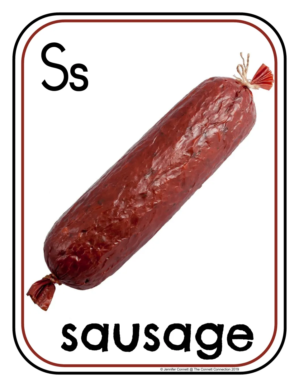 Letter S photo poster/card showing uppercase S, lowercase s, and a sausage labeled 'sausage'