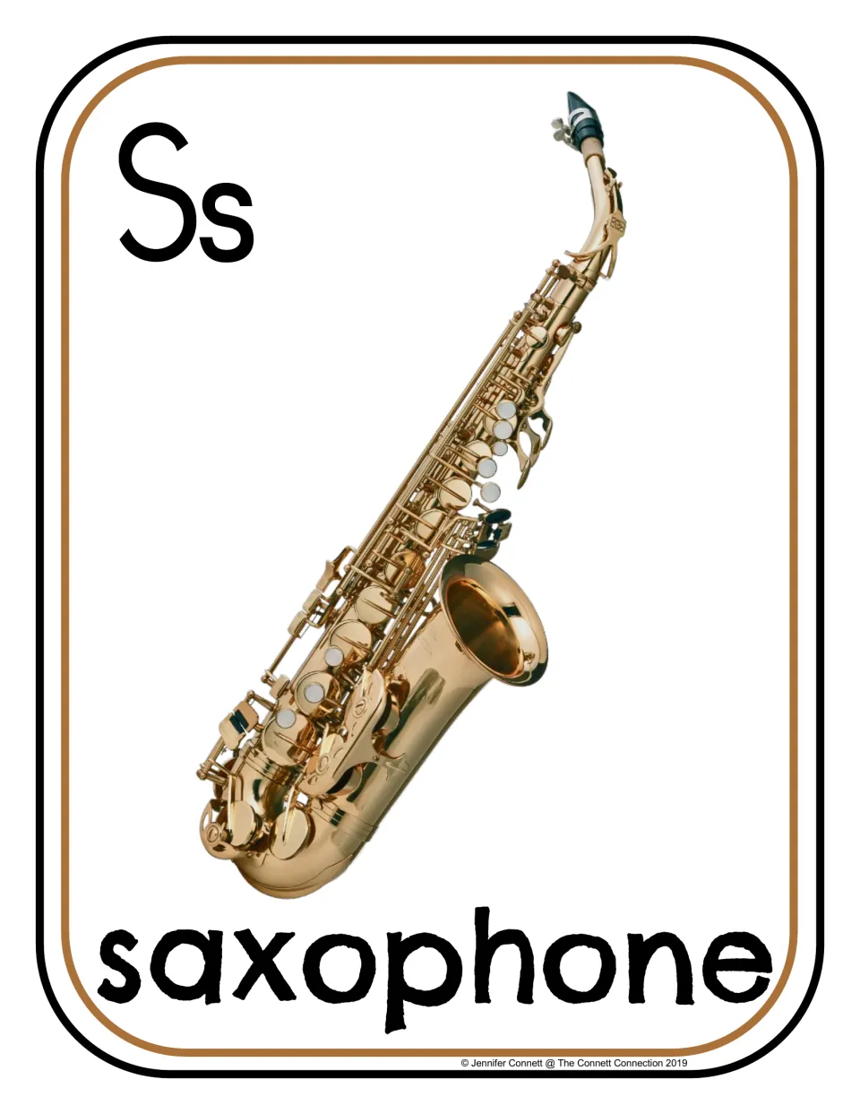Letter S photo poster/card showing uppercase S, lowercase s, and a saxophone labeled 'saxophone'