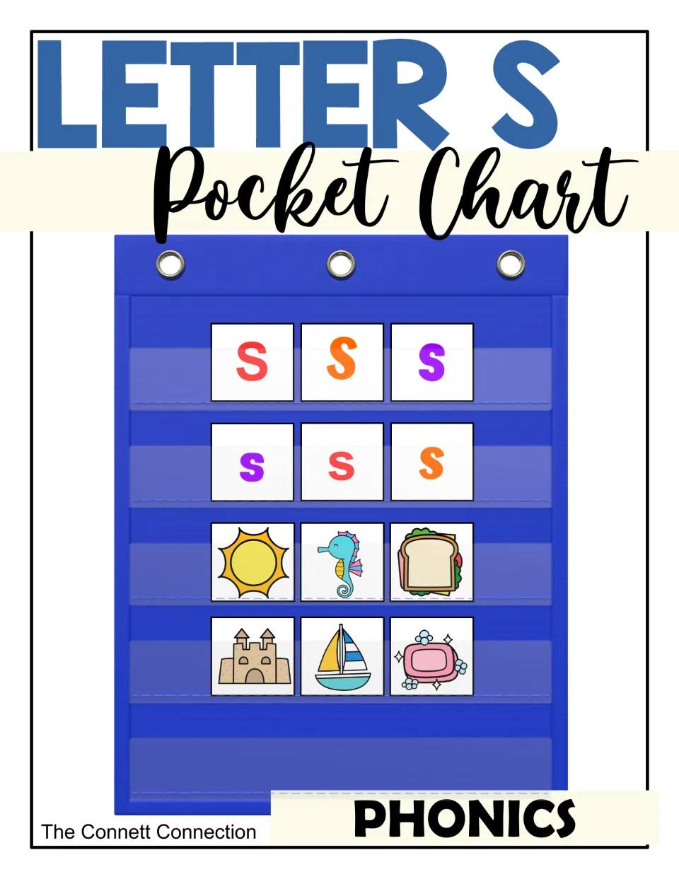 Letter S Pocket Chart Cards cover showing letter cards and pictures of sun, seahorse, sandwich, and more