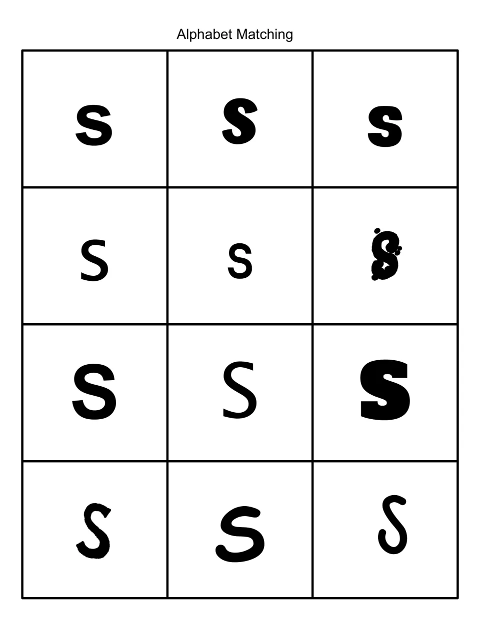 Alphabet matching sheet of 12 black-and-white letter S cards in different fonts for pocket chart practice