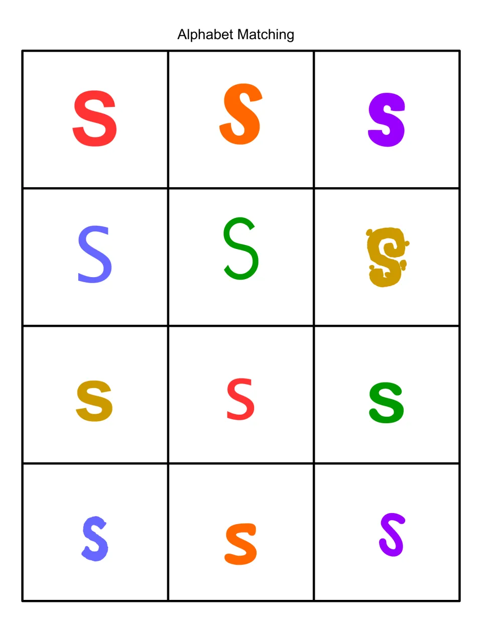 Alphabet matching sheet of 12 color letter S cards in different fonts for letter recognition in a pocket chart