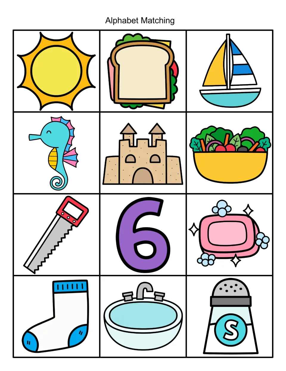 Initial /s/ sound picture cards: sun, sandwich, sailboat, seahorse, sandcastle, salad, saw, six, soap, sock, sink, salt