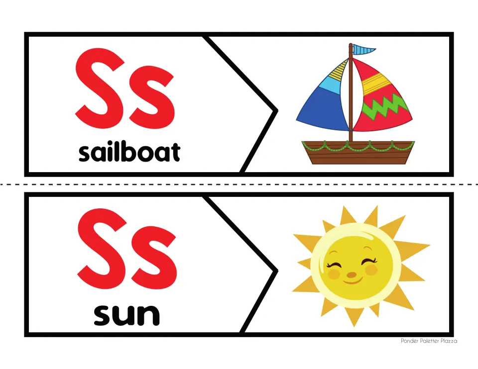 Letter S beginning sound puzzles: students match each Ss letter half to its picture half for the words sailboat and sun