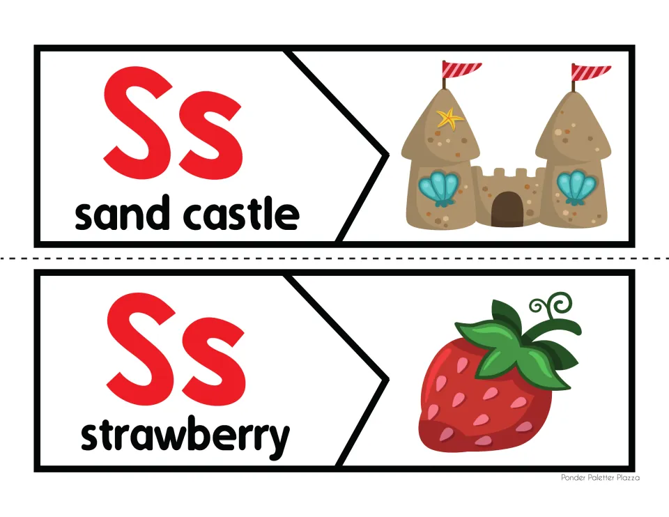 Beginning sound S matching: two-piece puzzles pair the Ss letter and word with pictures of a sand castle and a strawberry