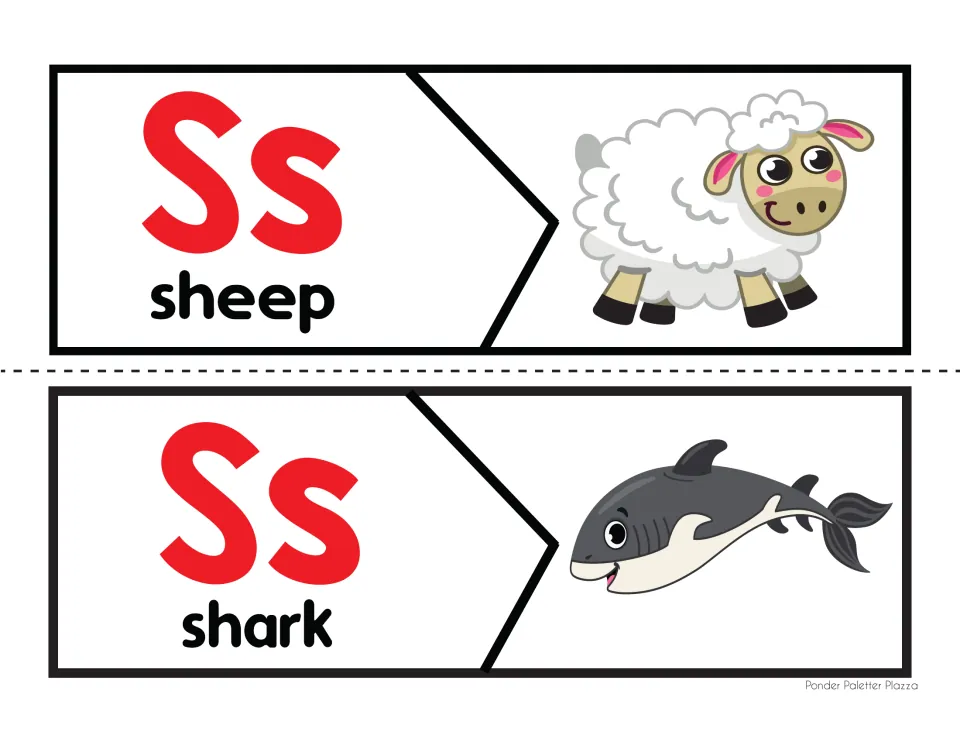 Initial /s/ sound puzzles: students join each Ss card half with its picture half for the words sheep and shark