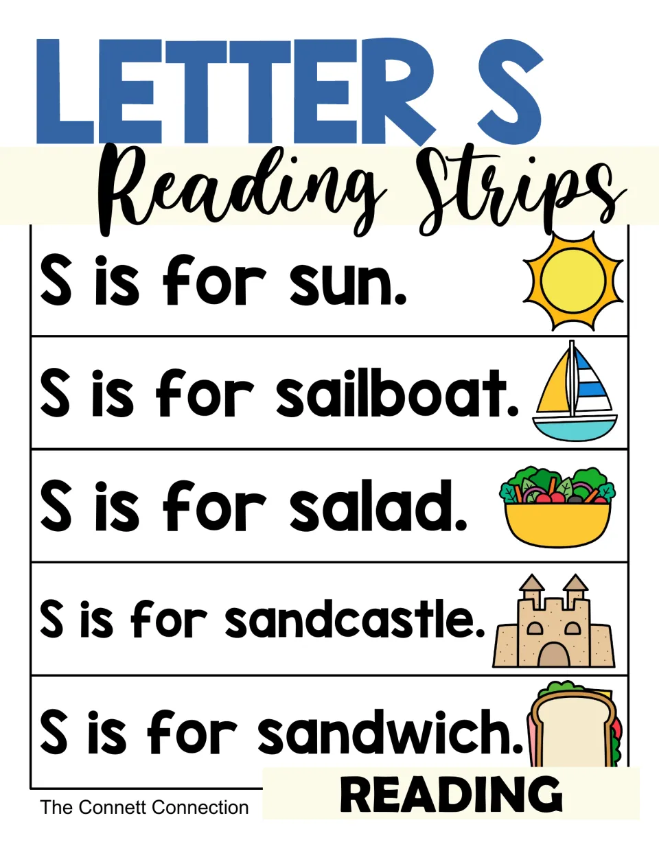Cover for Letter S Reading Strips showing picture strips for sun, sailboat, salad, sandcastle and sandwich