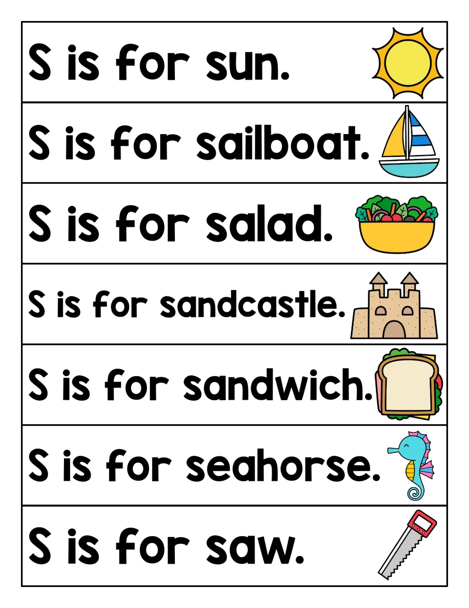 S sentence strips: children read 'S is for sun', sailboat, salad, sandcastle, sandwich, seahorse and saw with pictures