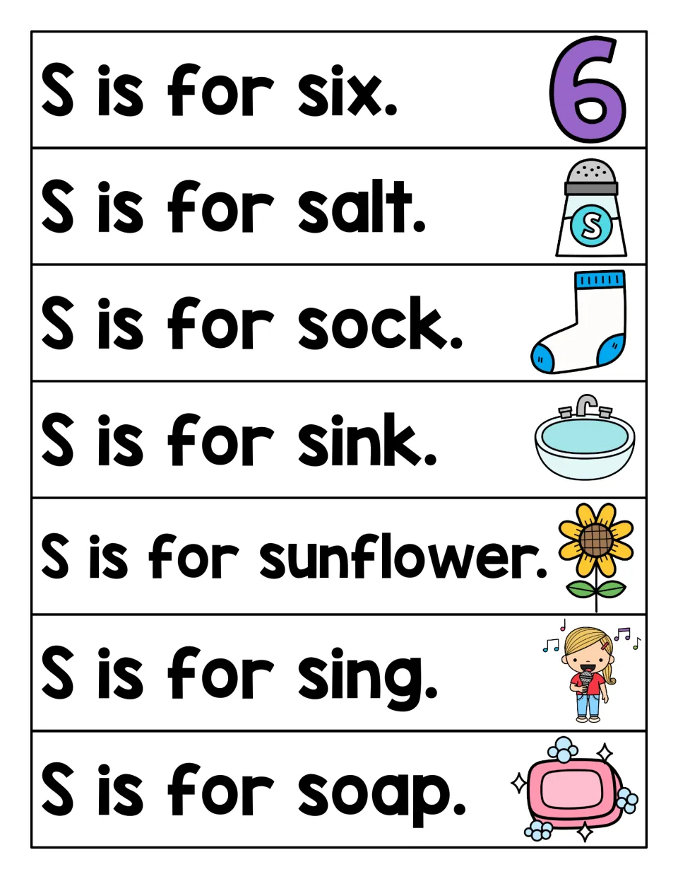 More S picture sentences to read: six, salt, sock, sink, sunflower, sing and soap, each with a matching picture cue