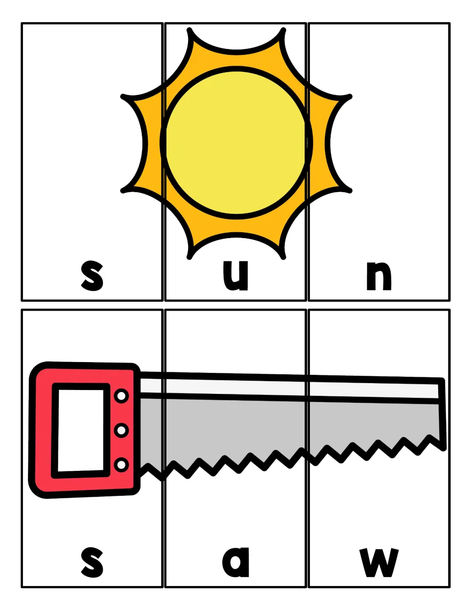 Three-letter S words: students order cut letter strips to rebuild pictures of a sun and a saw, spelling sun and saw