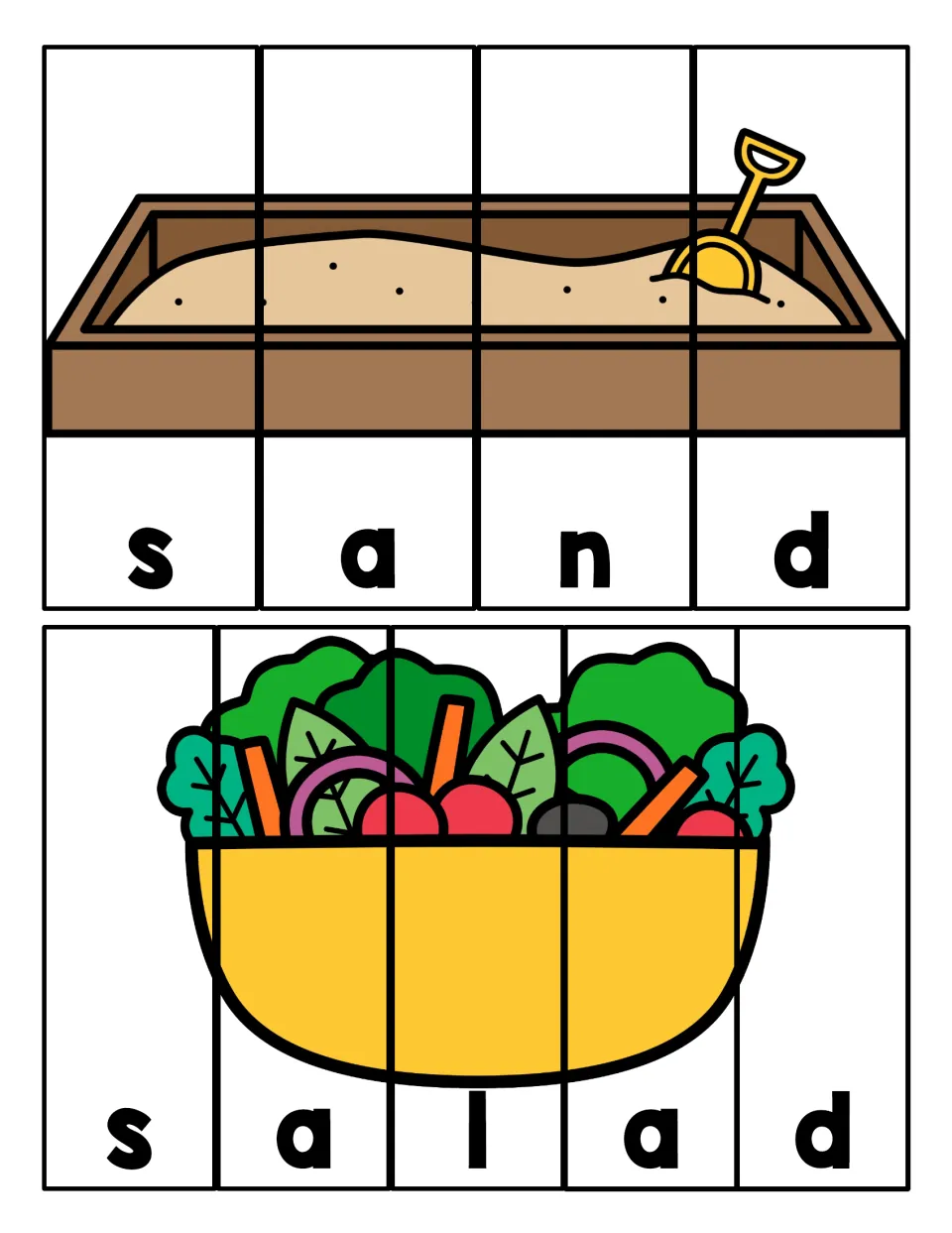 Longer S words: students order letter strips to rebuild a sandbox picture spelling sand and a salad bowl spelling salad