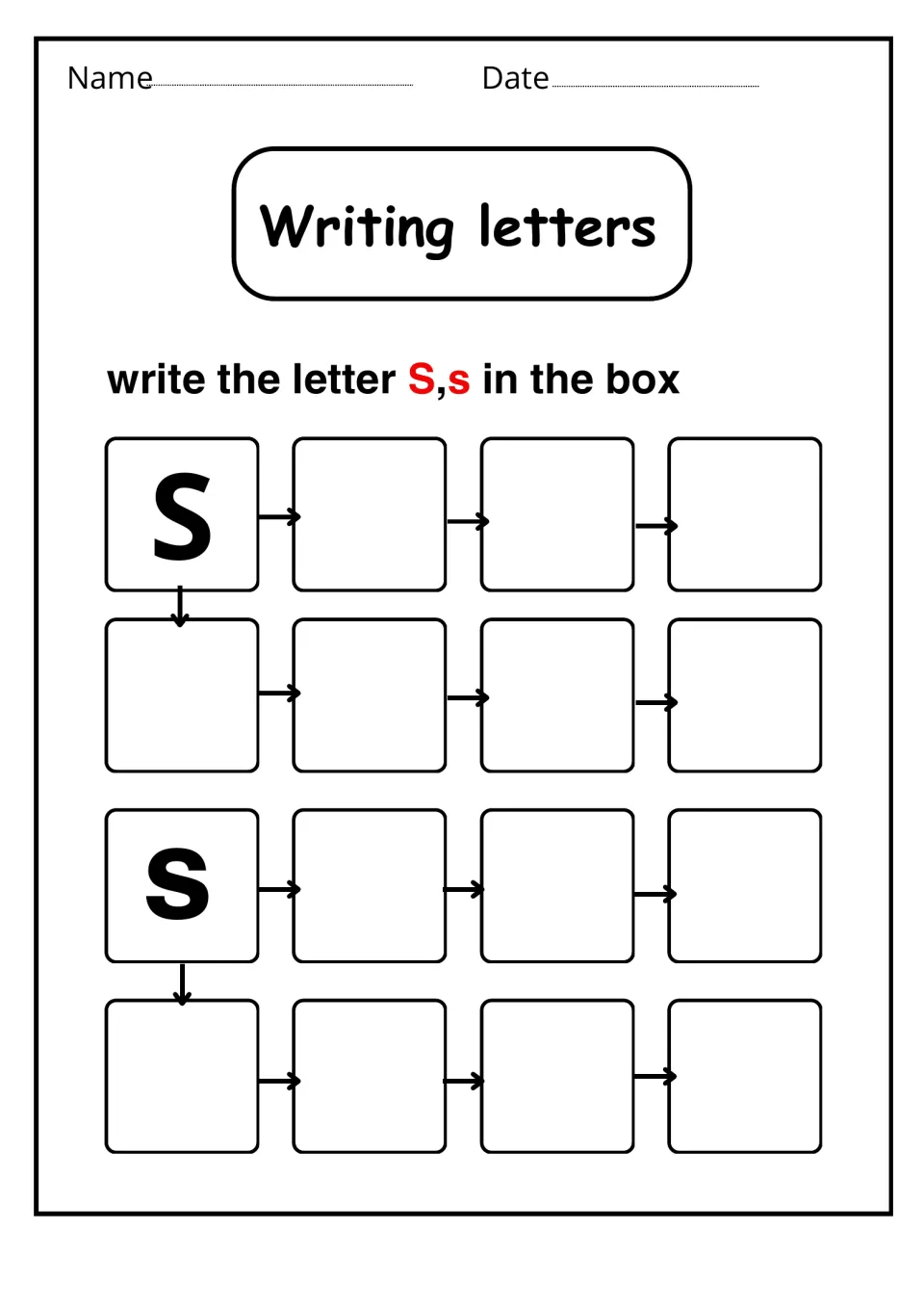 Writing letters: students copy uppercase S and lowercase s repeatedly, following arrows onward from a printed model letter