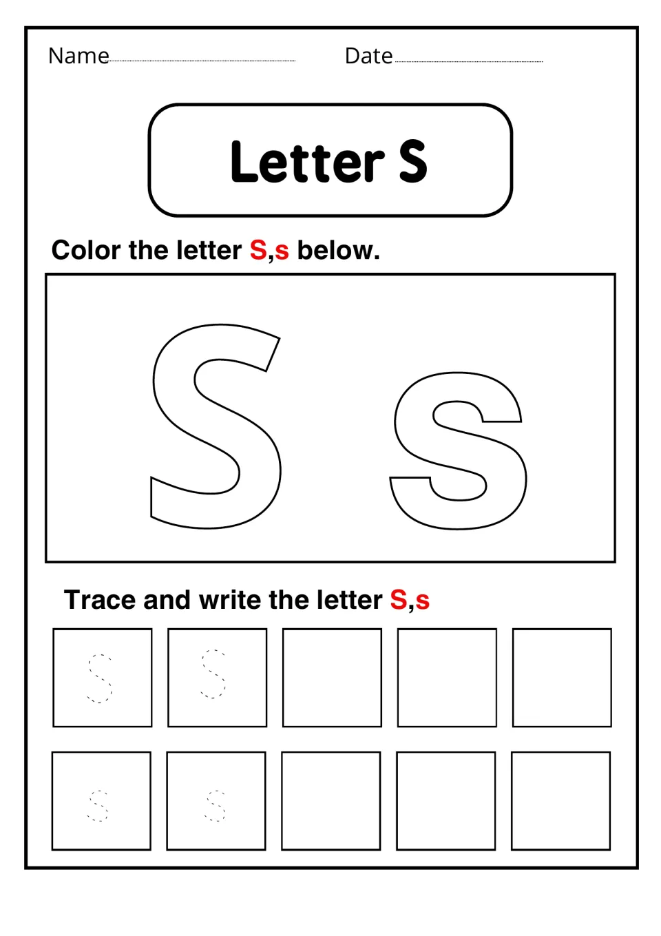 Letter S: students color large outline letters S and s, then trace two dotted examples of each and write more on their own