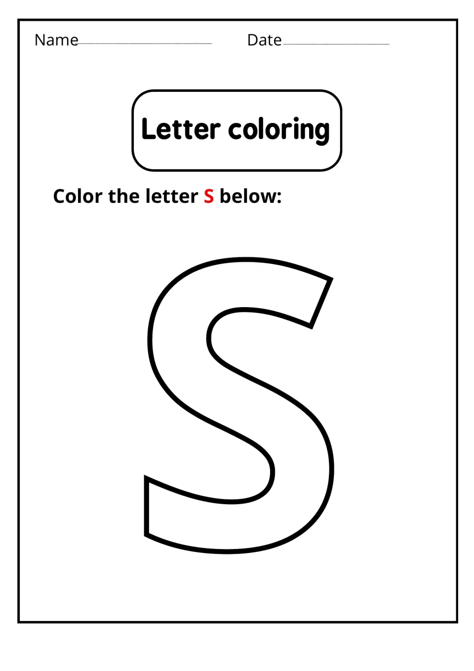 Letter coloring for uppercase S: students color one large bubble outline of capital S to become familiar with its shape