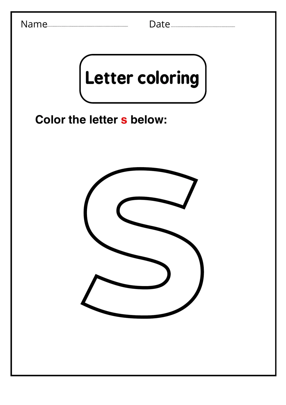 Letter coloring for lowercase s: students fill in one large bubble outline of small s to recognize the lowercase form