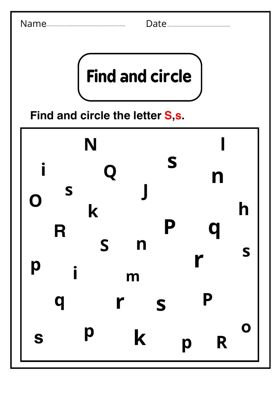 Find and circle: students scan mixed upper- and lowercase letters and circle every S and s, practising letter recognition
