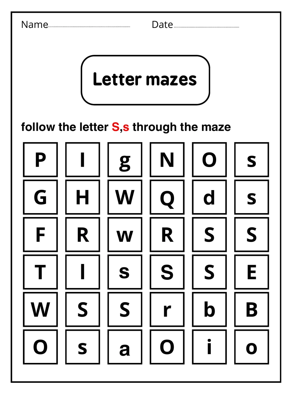 Letter mazes: students follow a path of S and s from the top right through a maze of other letters to recognize the letter