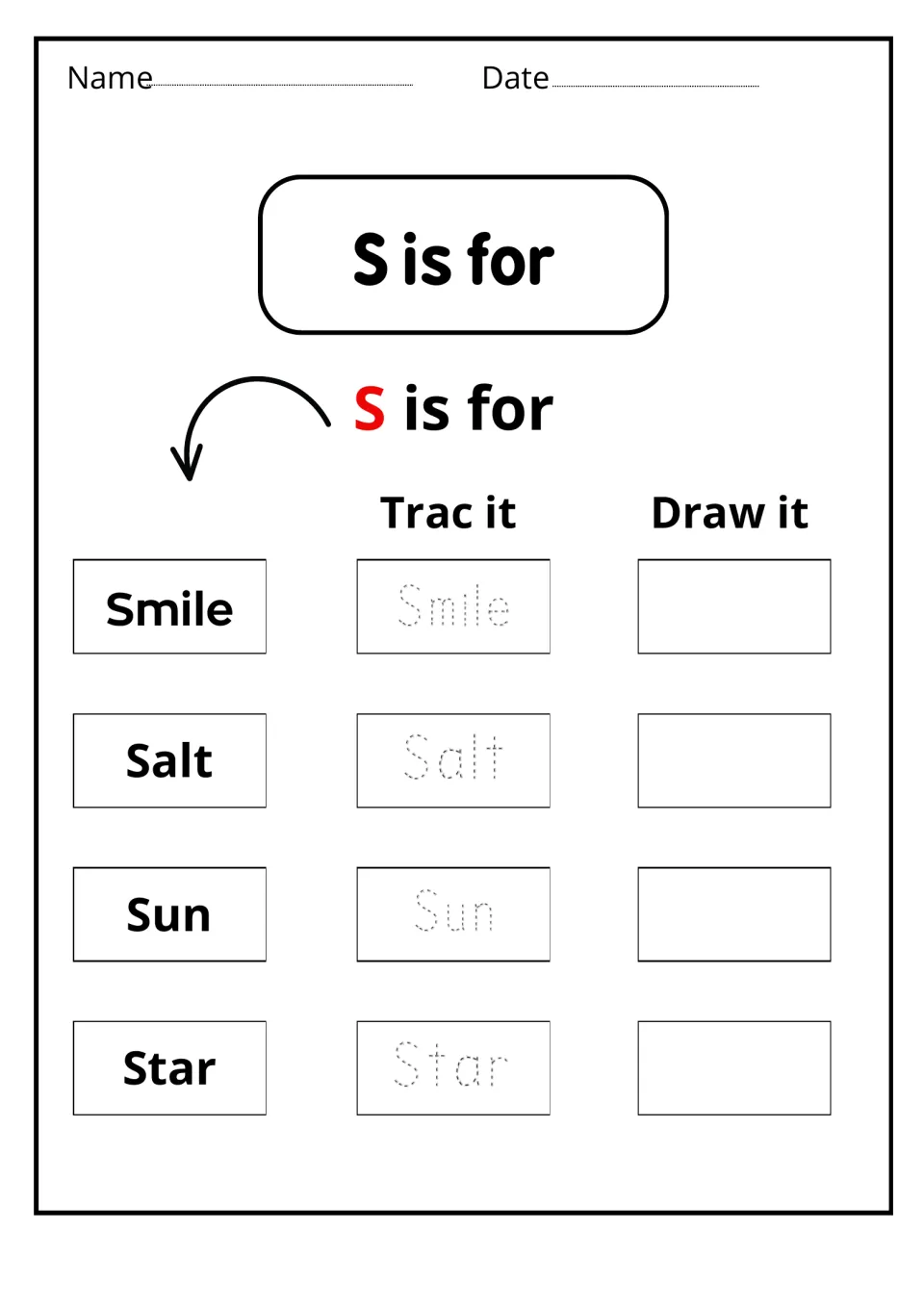 S is for: students read the words Smile, Salt, Sun and Star, trace each dotted word, then draw a picture of it