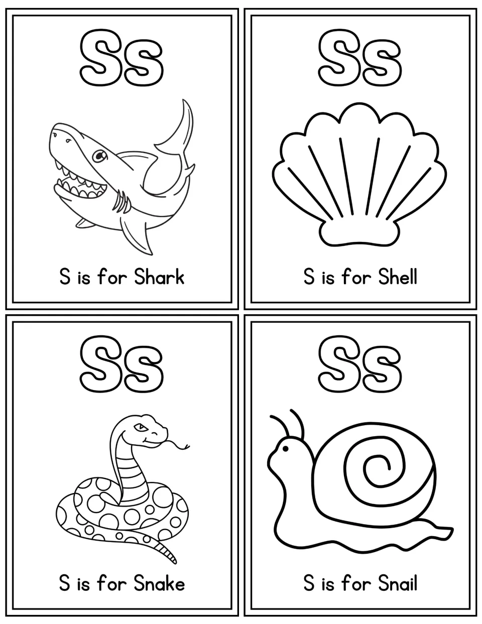 Letter S coloring flashcards: students color Ss and a shark, shell, snake and snail, each card labeled S is for the word