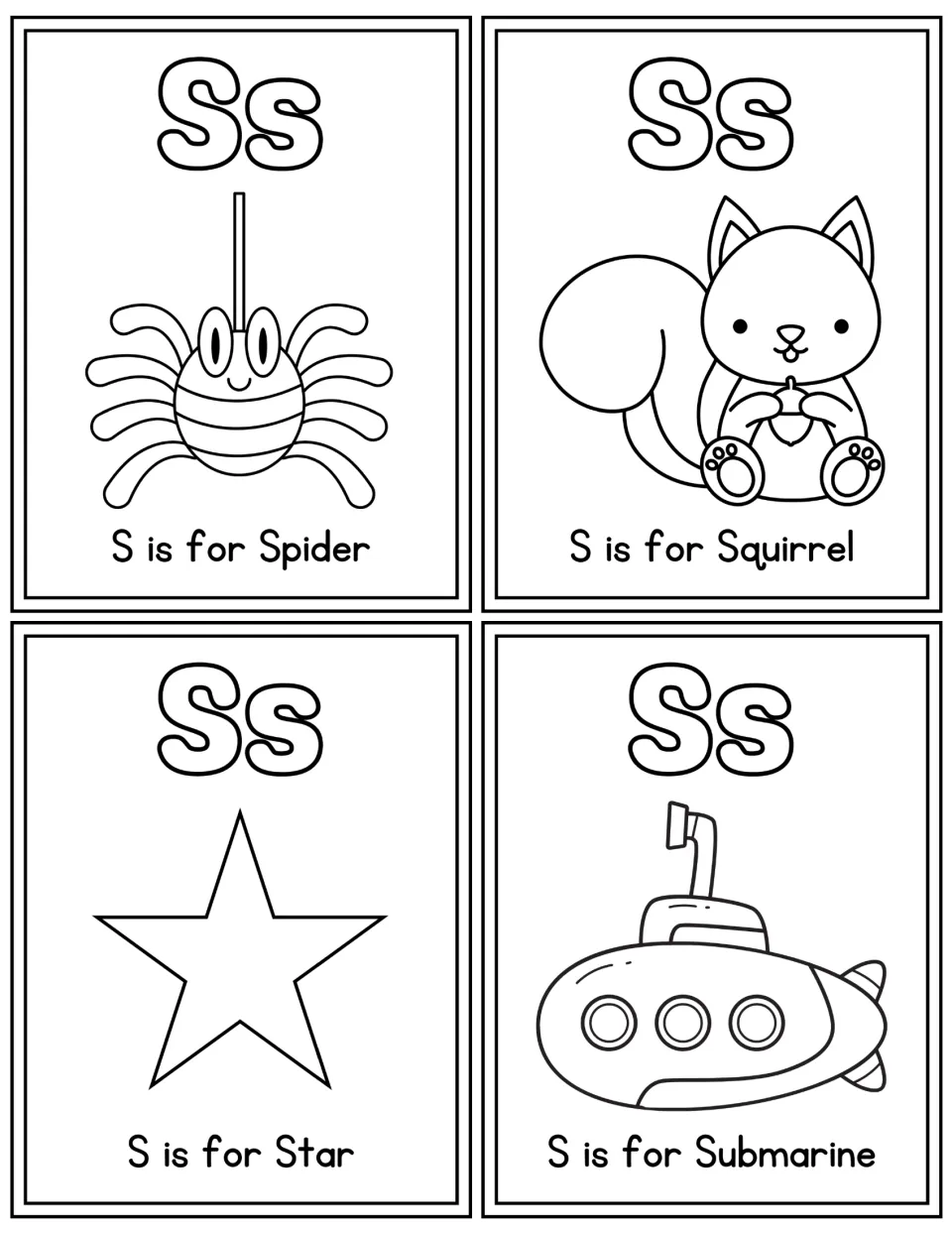 Letter S coloring flashcards showing a spider, squirrel, star and submarine in outline for students to color and name