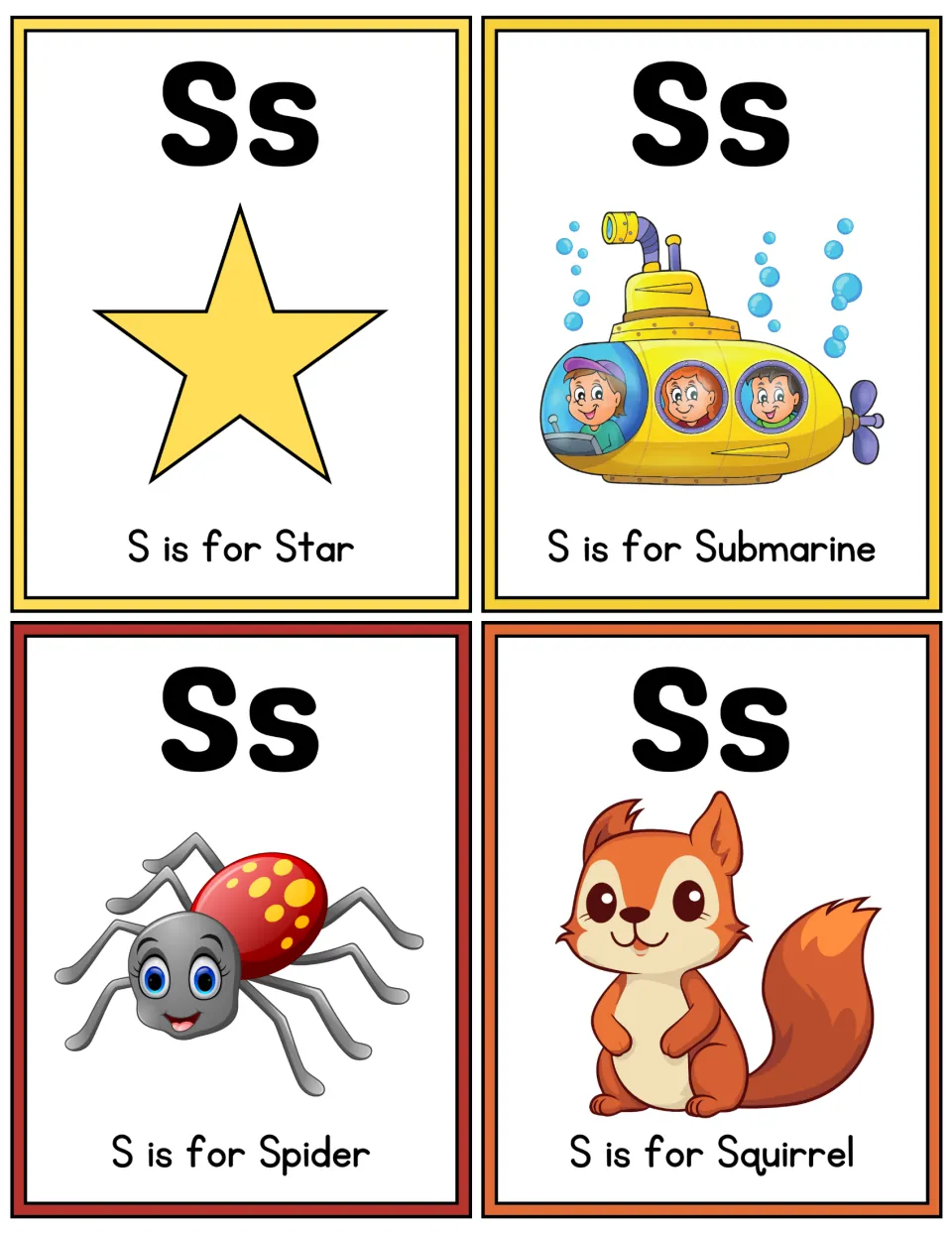 Color letter S flashcards: Ss with pictures of a star, submarine, spider and squirrel for initial S sound vocabulary