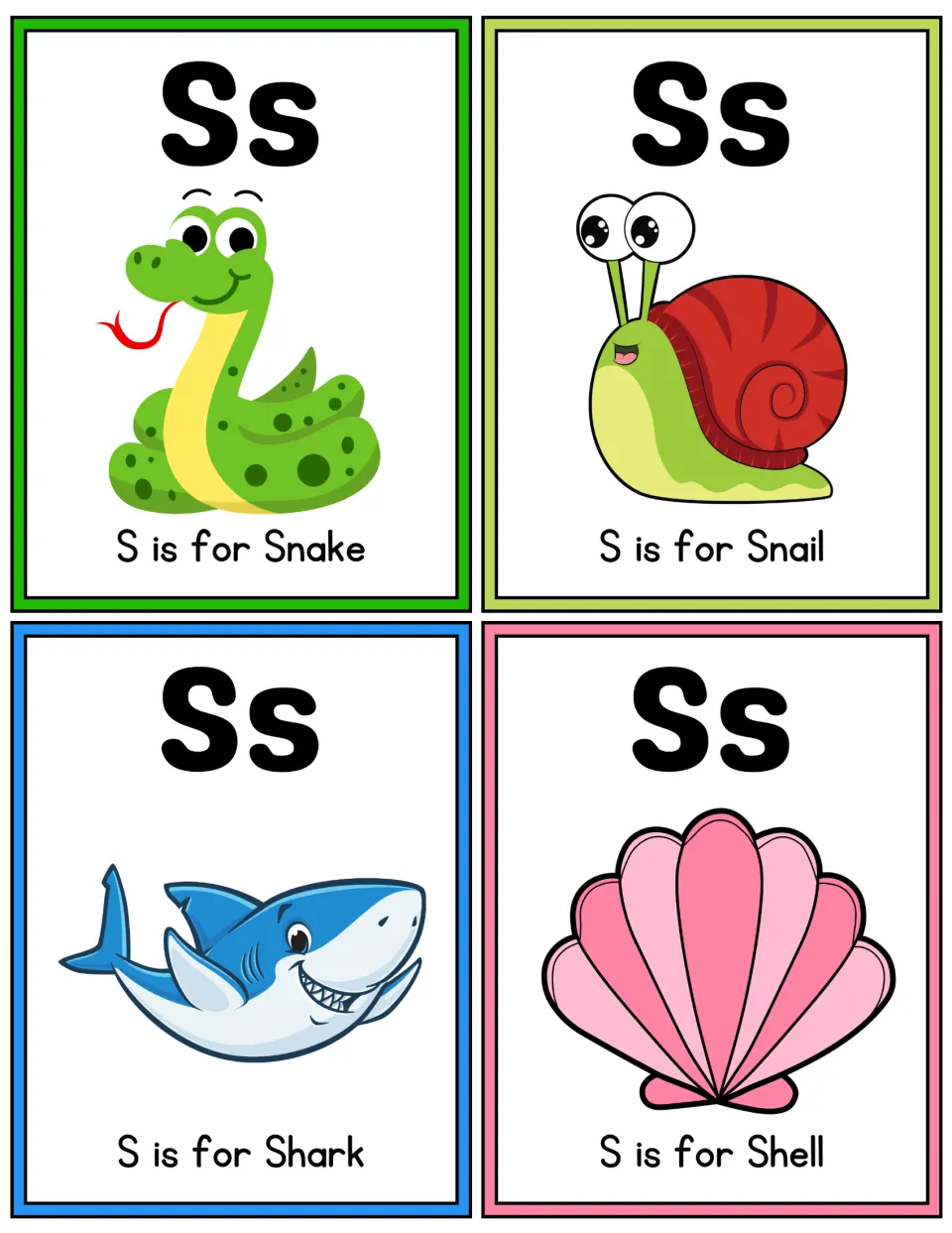 Color Ss flashcards for snake, snail, shark and shell, pairing each S word with a bright picture for beginning sounds