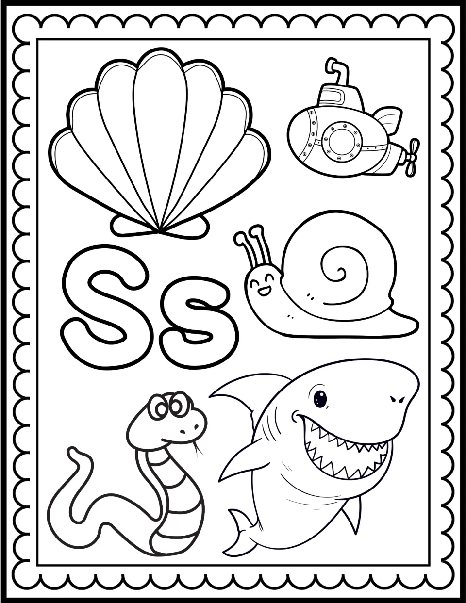 Letter S coloring page: bubble Ss surrounded by a shell, submarine, snail, snake and shark for students to color