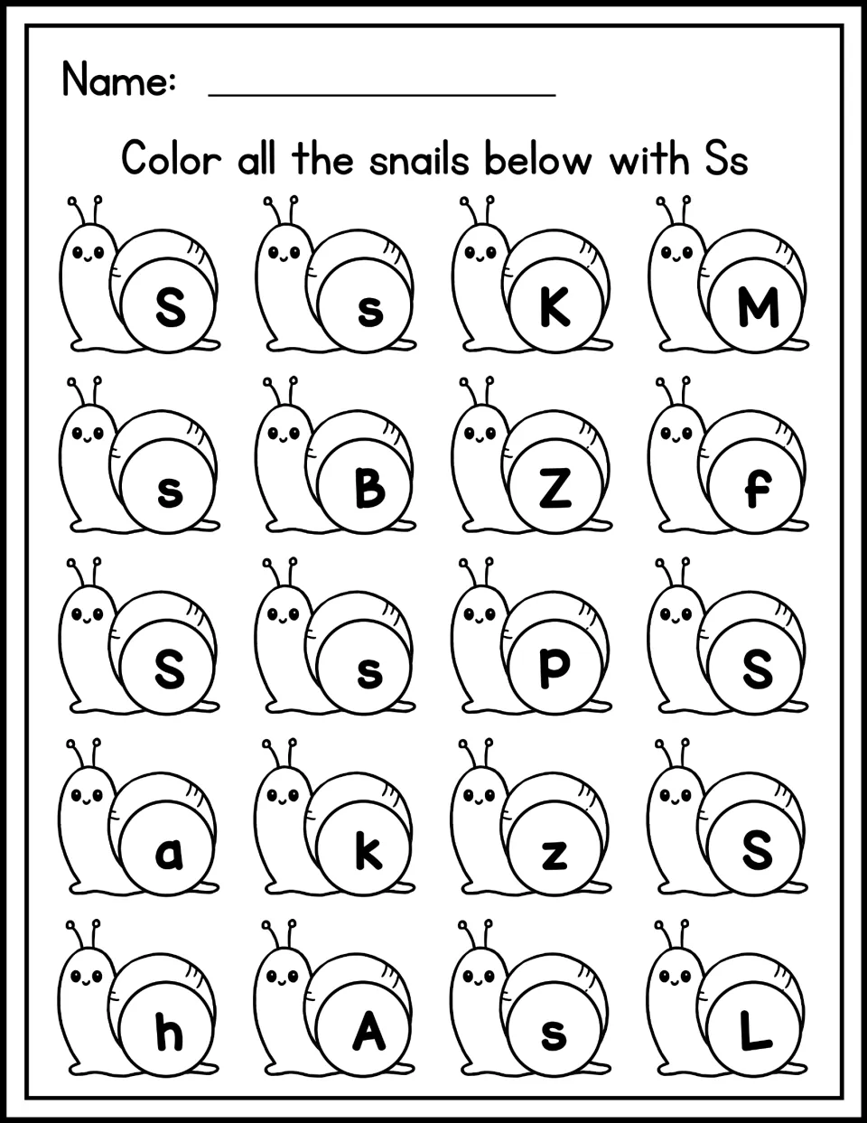 Letter recognition: students color every snail marked S or s among 20 snails, skipping those with other letters