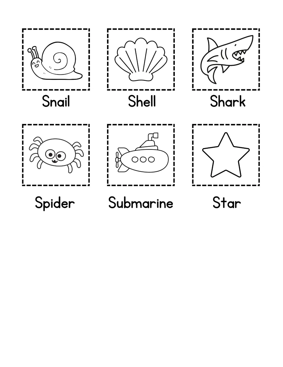 Six S picture cards to cut out: snail, shell, shark, spider, submarine and star, each with its word printed below