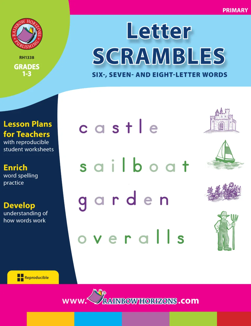 Letter Scrambles cover: six-, seven- and eight-letter words, with castle, sailboat, garden and overalls pictured
