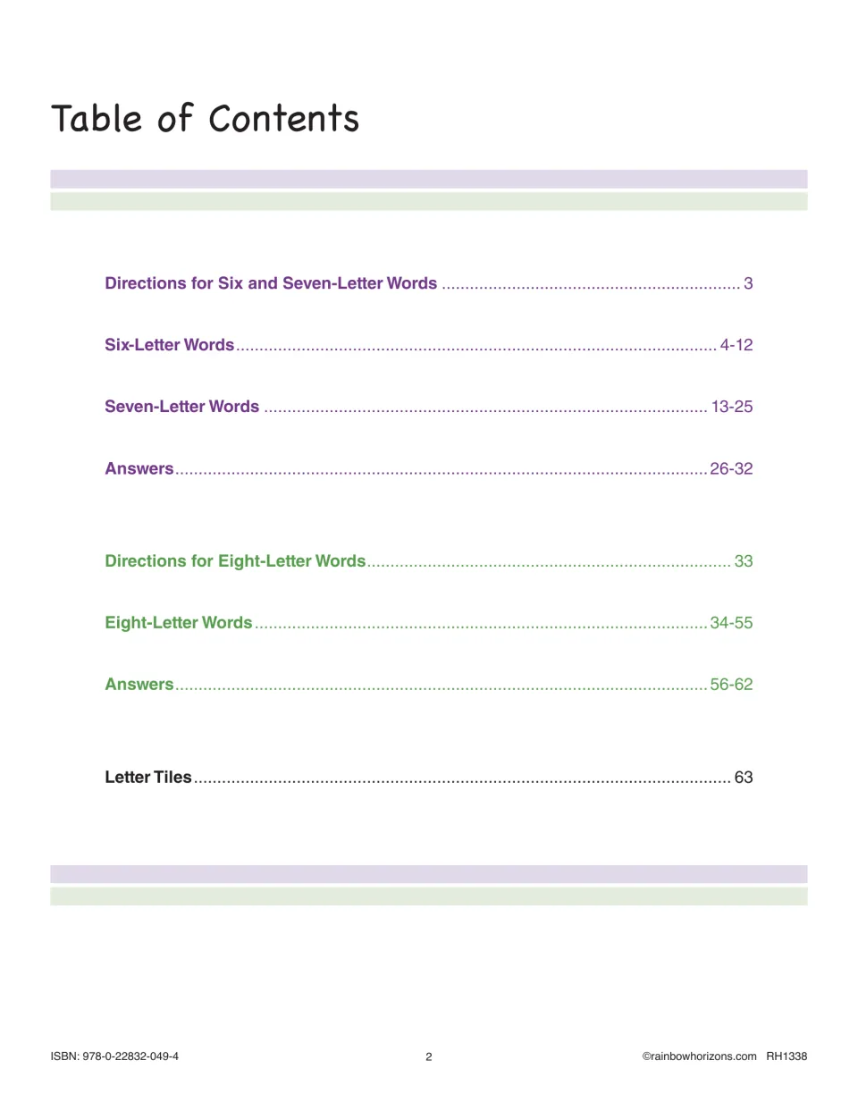 Table of contents listing directions, six-, seven- and eight-letter word pages, two answer sections and letter tiles