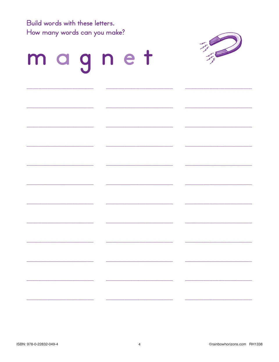 Word building with magnet: students list as many smaller words as they can spell using the letters m, a, g, n, e and t