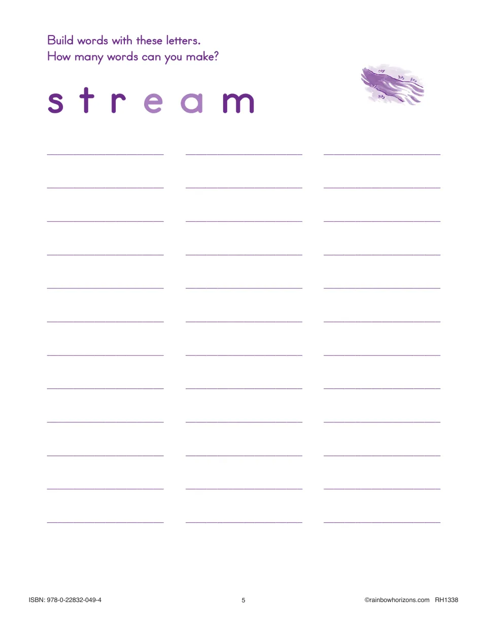 Word building with stream, shown beside flowing water: students rearrange s, t, r, e, a and m to spell new words