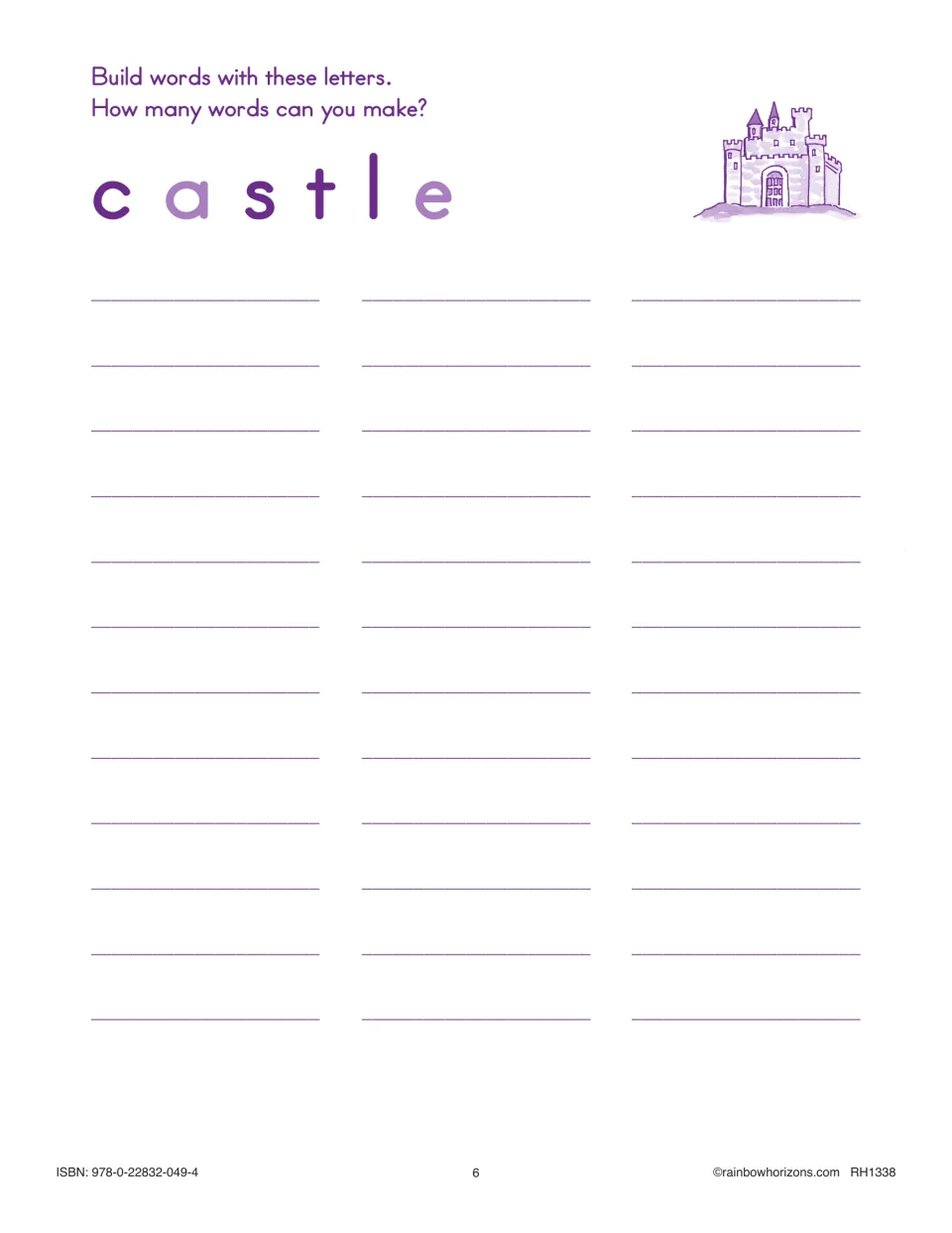 Word building with castle, shown beside a castle drawing: students write every word they can make from c, a, s, t, l and e