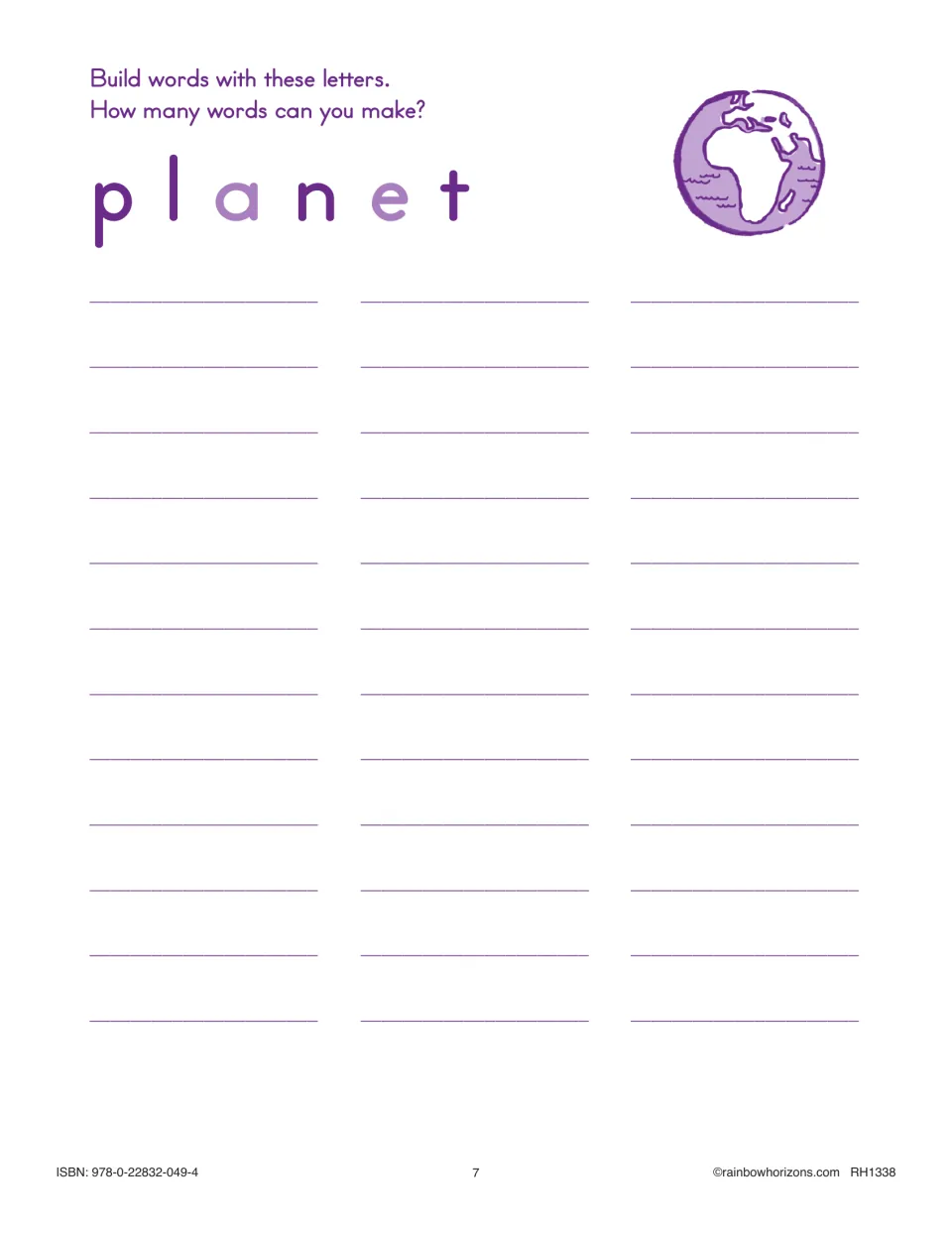 Word building with planet, shown beside a globe: students spell and record new words using only p, l, a, n, e and t