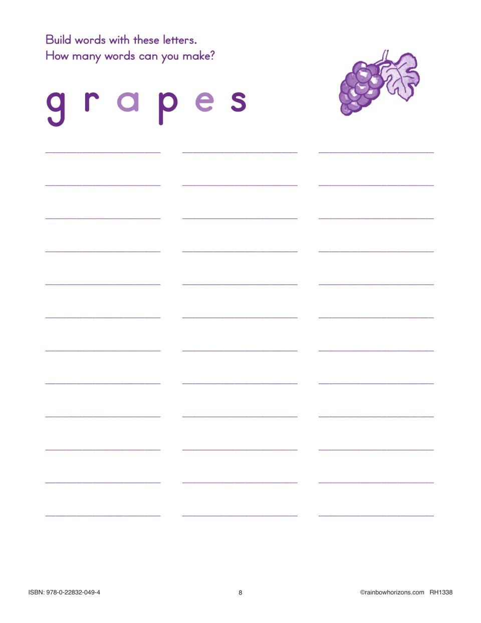 Word building with grapes, shown beside grapes: students find words hidden in g, r, a, p, e and s and write them