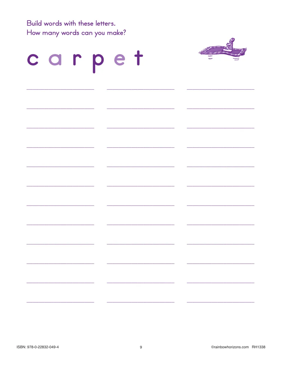 Word building with carpet, shown beside a flying carpet: students make and write words from c, a, r, p, e and t