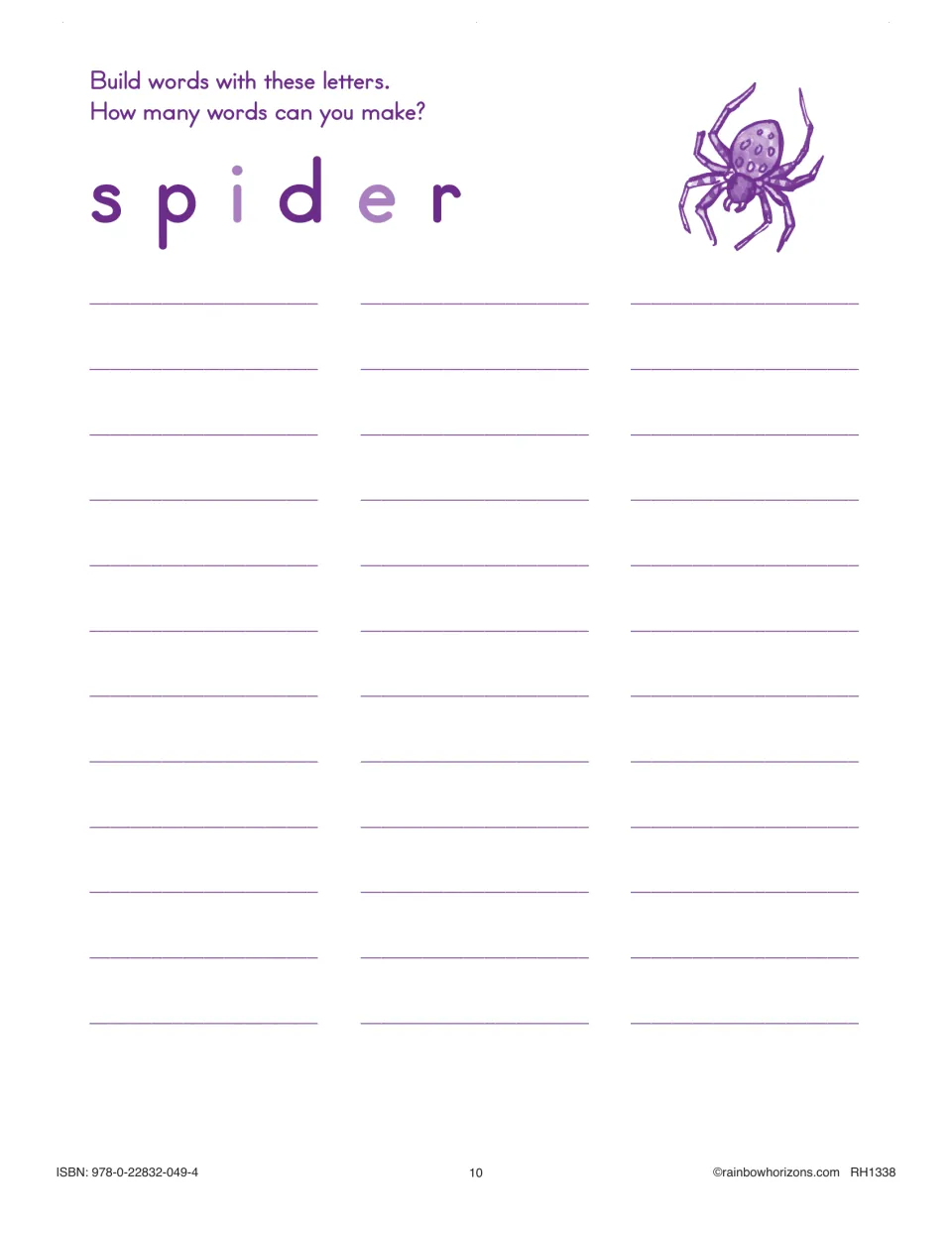 Word building with spider, shown beside a spider drawing: students write each word they can form from s, p, i, d, e and r