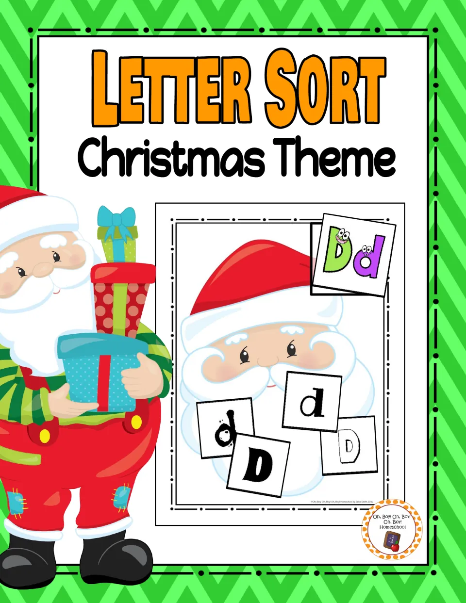 Letter Sort Christmas Theme cover, showing a Santa mat with a Dd label card and D and d cards in different fonts