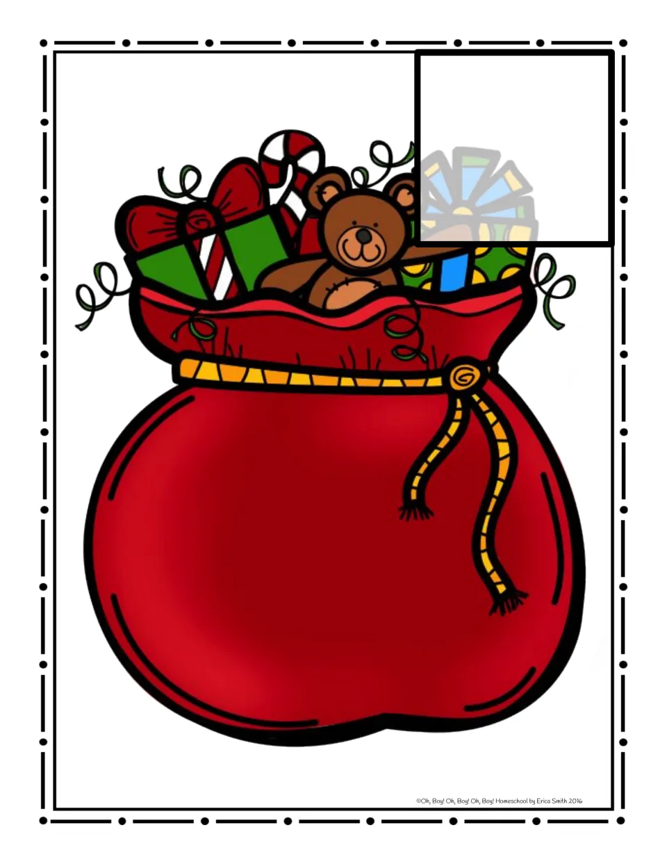 Red toy sack sorting mat with a teddy bear, candy cane and gifts, for sorting uppercase and lowercase letter cards