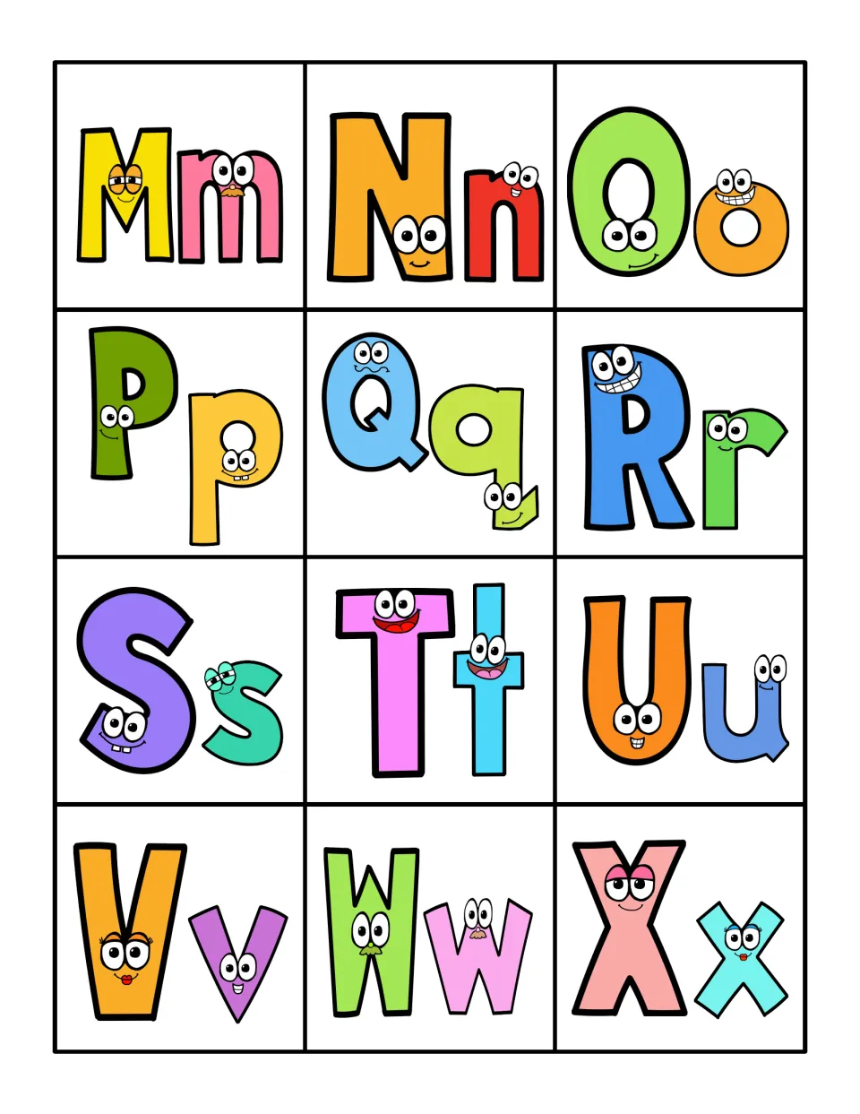 Letter label cards Mm through Xx: Mm, Nn, Oo, Pp and eight more cartoon uppercase-lowercase pairs